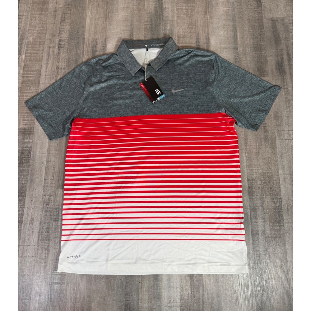 Nike Tiger Woods Golf Polo Shirt Mens Large Grey Red Striped Dri-FIT 648717-008